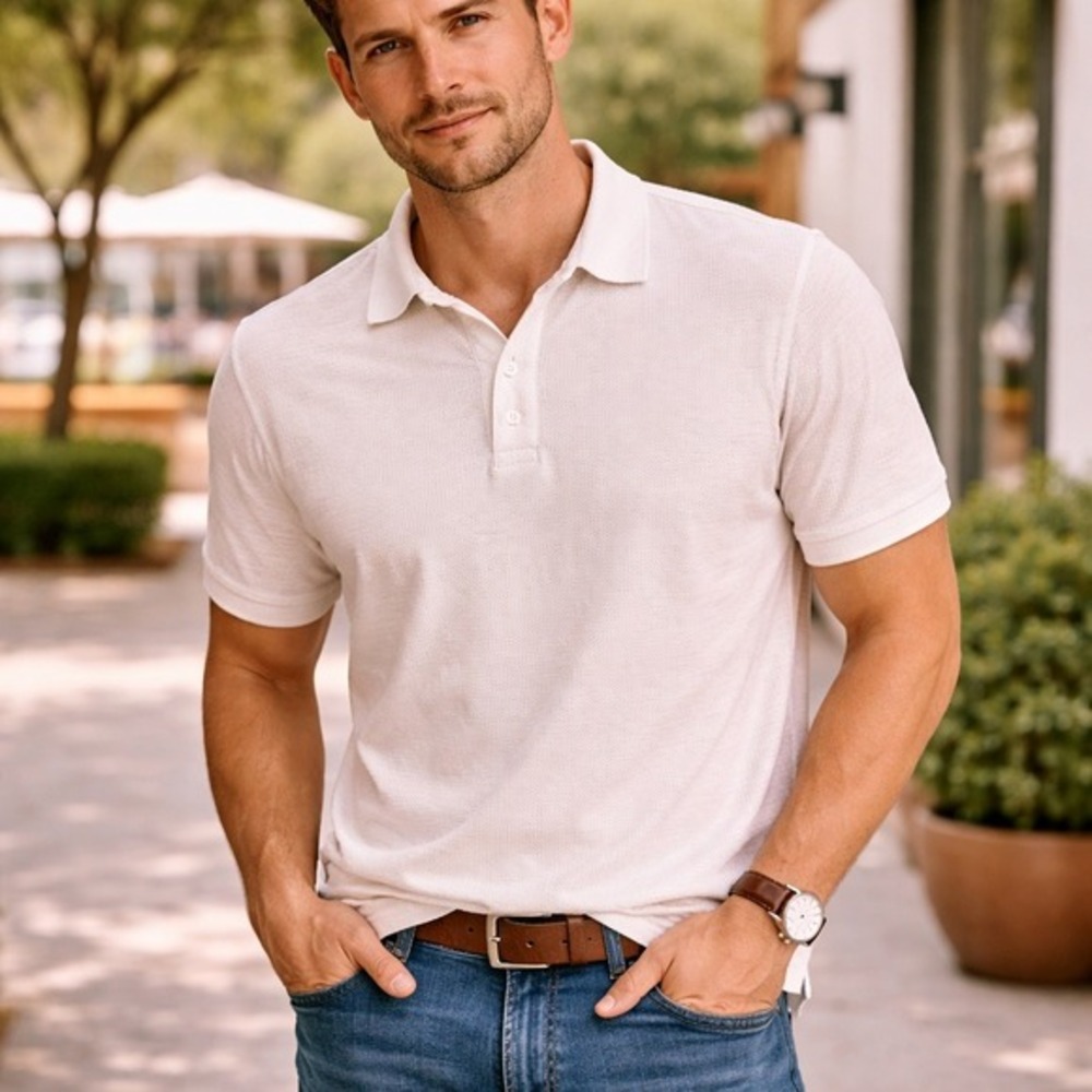Everlane Mens XL White Organic Cotton Slub Short Sleeve Polo Shirt